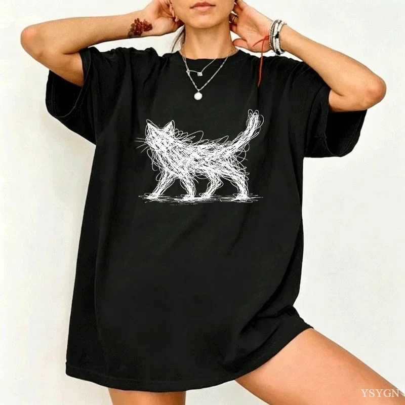 Vintage Cat Line Women T Shirt Funny Modern Sketch Animal Tee Cat Lover Graphic Tee Elastic Casual Short Sleeve T-shirt Clothes