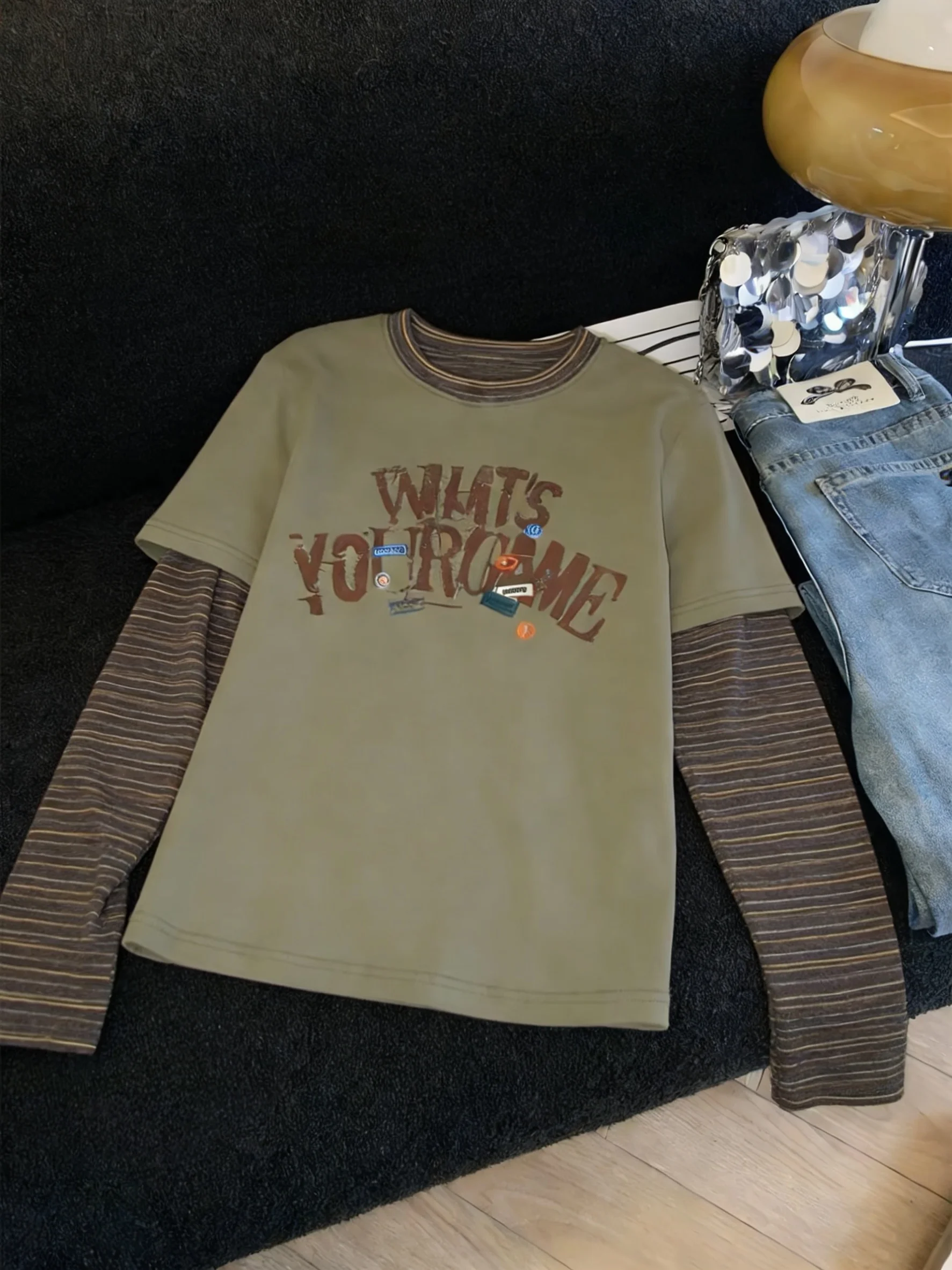 

Модная винтажная женская футболка с длинными рукавами и цветным полосатым принтом, свободный универсальный повседневный топ на весну и осень