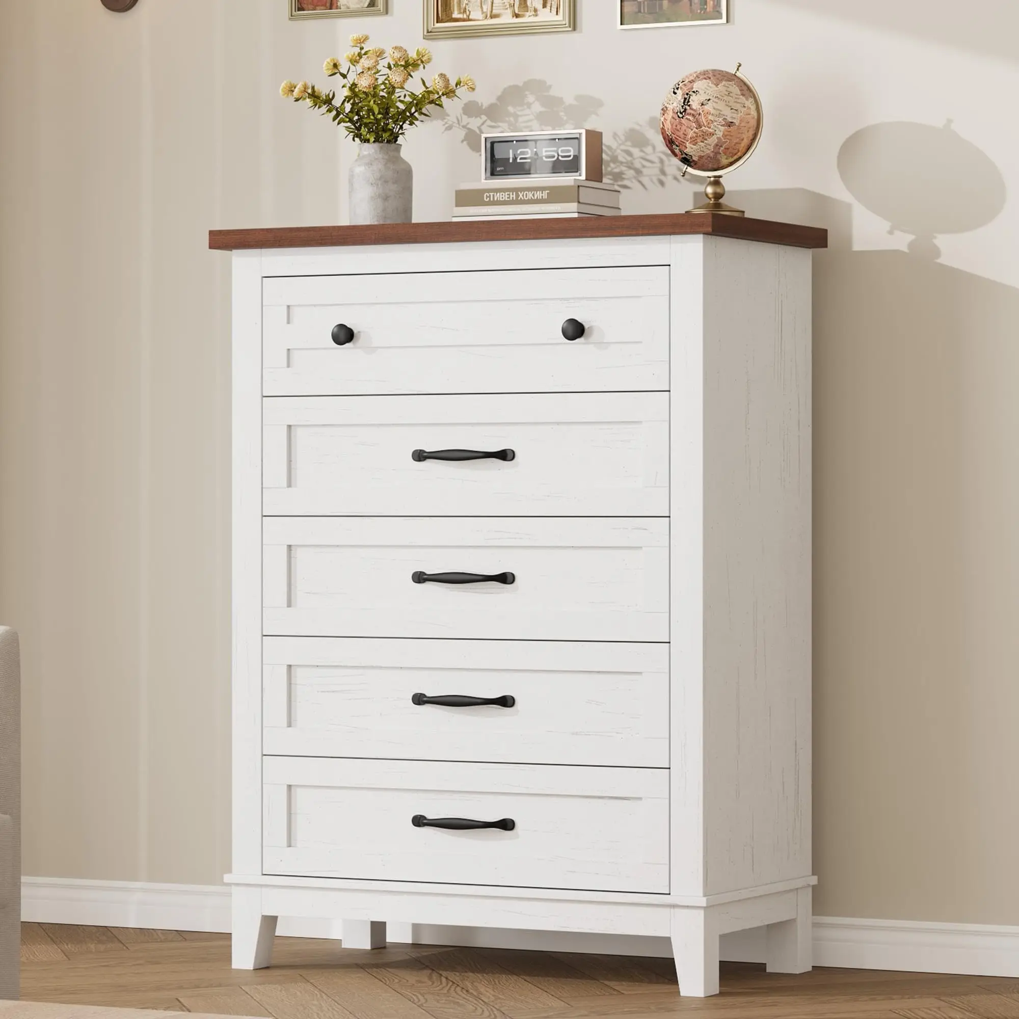5 Dresser for Bedroom, 41.3 in Tall Vertical Drawer Dresser with Large Storage, Freestanding Wooden Closet Chest for Bedroom, Living Room, White + Brown
