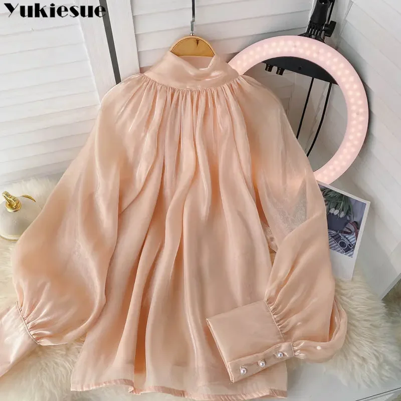 Spring New Fashion Korean stytle Satin Advanced sense Shirt Female Bow Tie Collar Retro Bubble Long-Sleeved Elegant Blouse Women