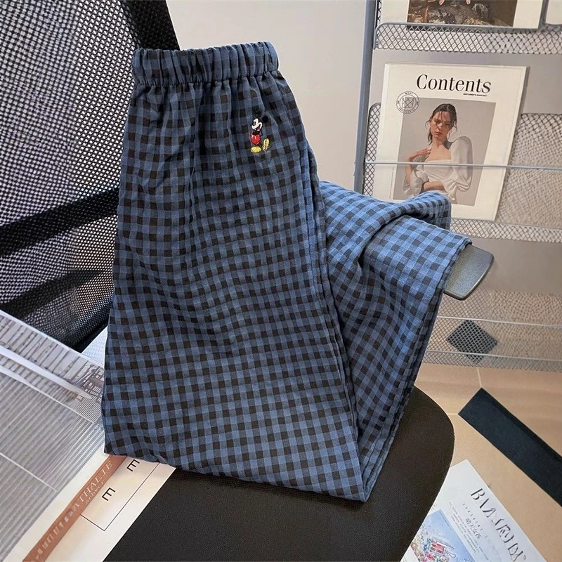 

plus Size Korean Sle Cute Embroidery Casual Plaid Pants Thin Cotton High Waist Straight Leg Trousers for Women