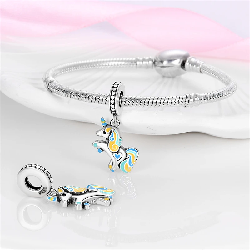 Sweet Romance 925 Silver Cloud Rainbow Unicorn Shining Dreamy Charms Beads Fit 3mm Original Bracelets DIY Fine Jewelry Making