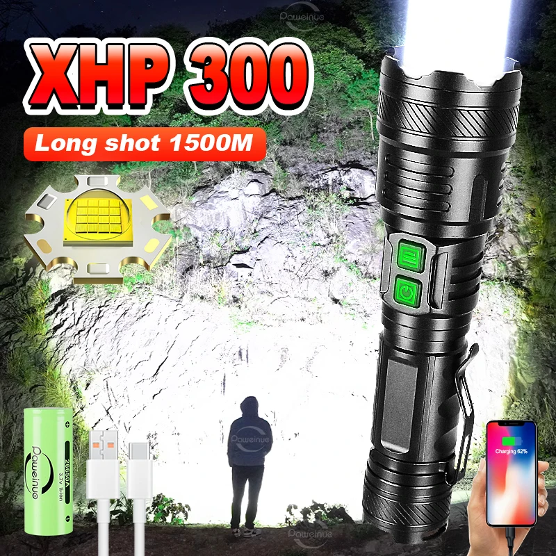 

Newest Upgrade XHP300 Powerful Flashlight USB Rechargeable LED Torch Light XHP90 High Power LED Flashlight Tactical Work Lantern