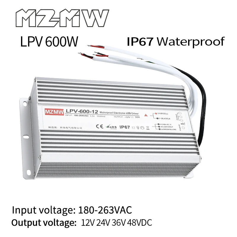 LPV Series IP67 Waterproof Switching Power Supply 600W 180-263VAC AC To DC 12V 24V 36V 48VDC SMPS CCTV LED Strip Drive