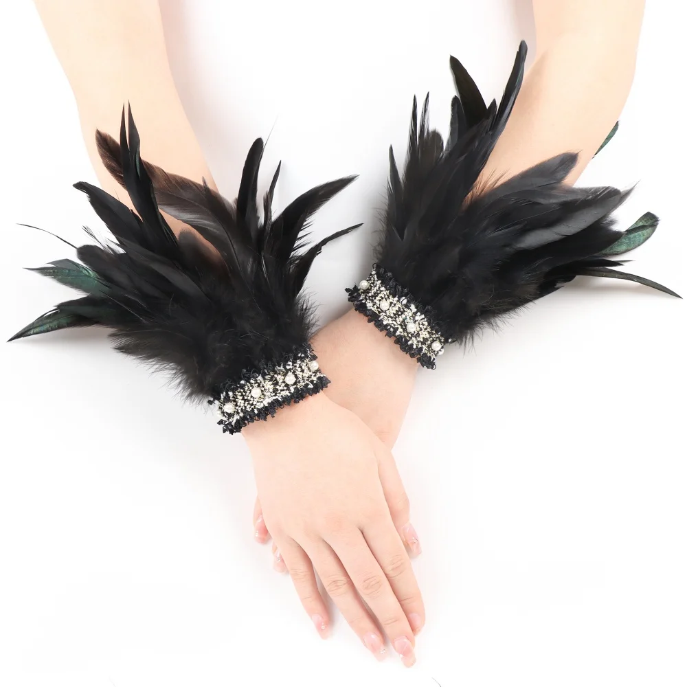 ブラックフェザーリストカフスレトロヴィンテージパンクゴシックフェザーカフス女性男性用ハロウィンパーティーゴスレイブコスチュームコスプレ小道具