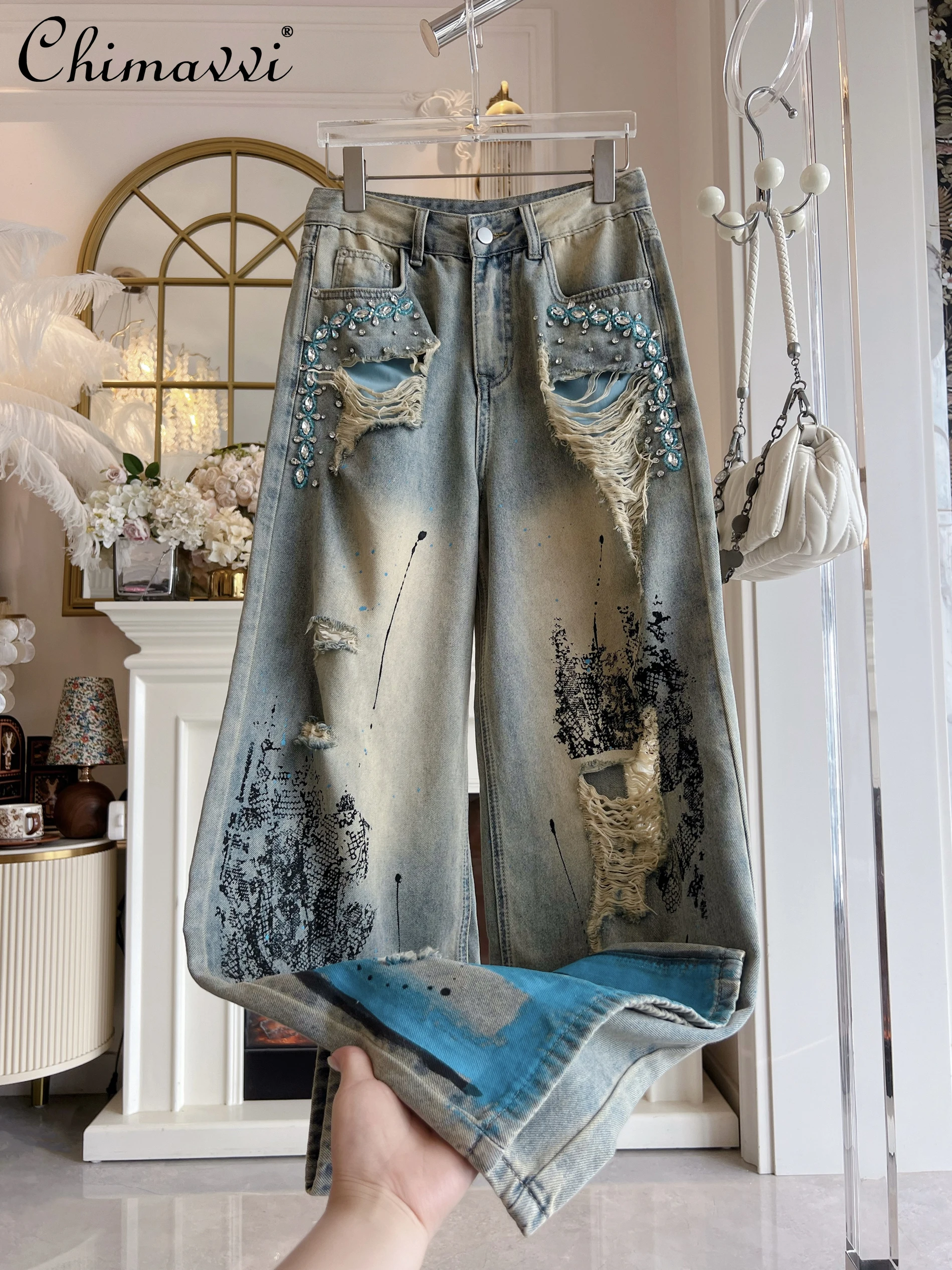 

2025 Fashion Graffiti Printed Jeans Floor Pants Heavy Diamond-encrusted High Waist Streetwear Sweet Cool Girl Straight Pants