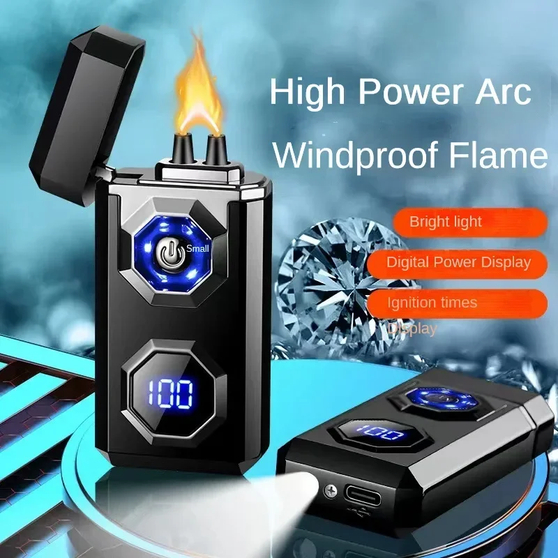Metal High Power Windproof Arc Charging USB Lighter Outdoor Strong Light Large Capacity Battery Level Display Electric Lighters