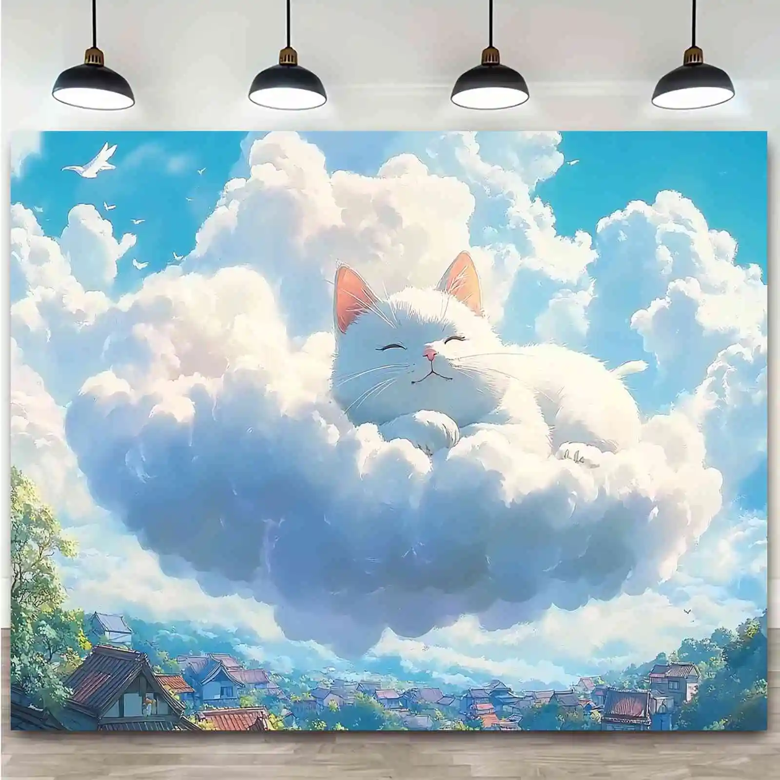Cute White Cat in Clouds Tapestry, Aesthetic Anime Wall Hanging, Dreamy Sky Art for Bedroom Decor, Soft Pastel Room Decoration