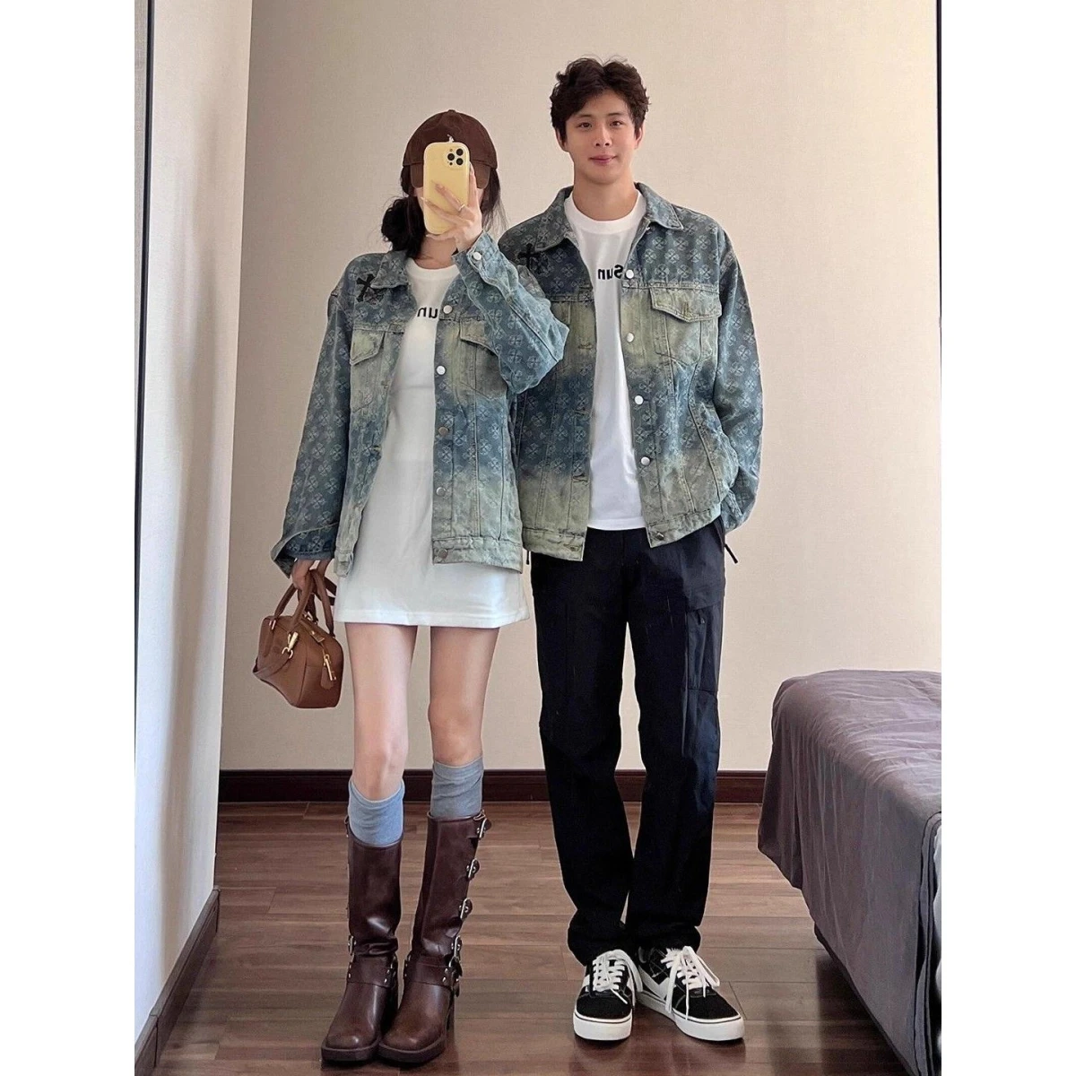 

Retro Waed Men's Denim Jaet Cross Embroidery Loose Fit Spring Autumn Trendy ex Stand Fit Long Sve Pure Color