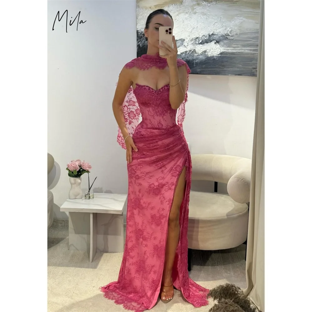

Mila Pink Strapless Lace Wedding Party Dress Customized Strapless Mermaid Evening Dresses Side High Split vestidos de fiesta