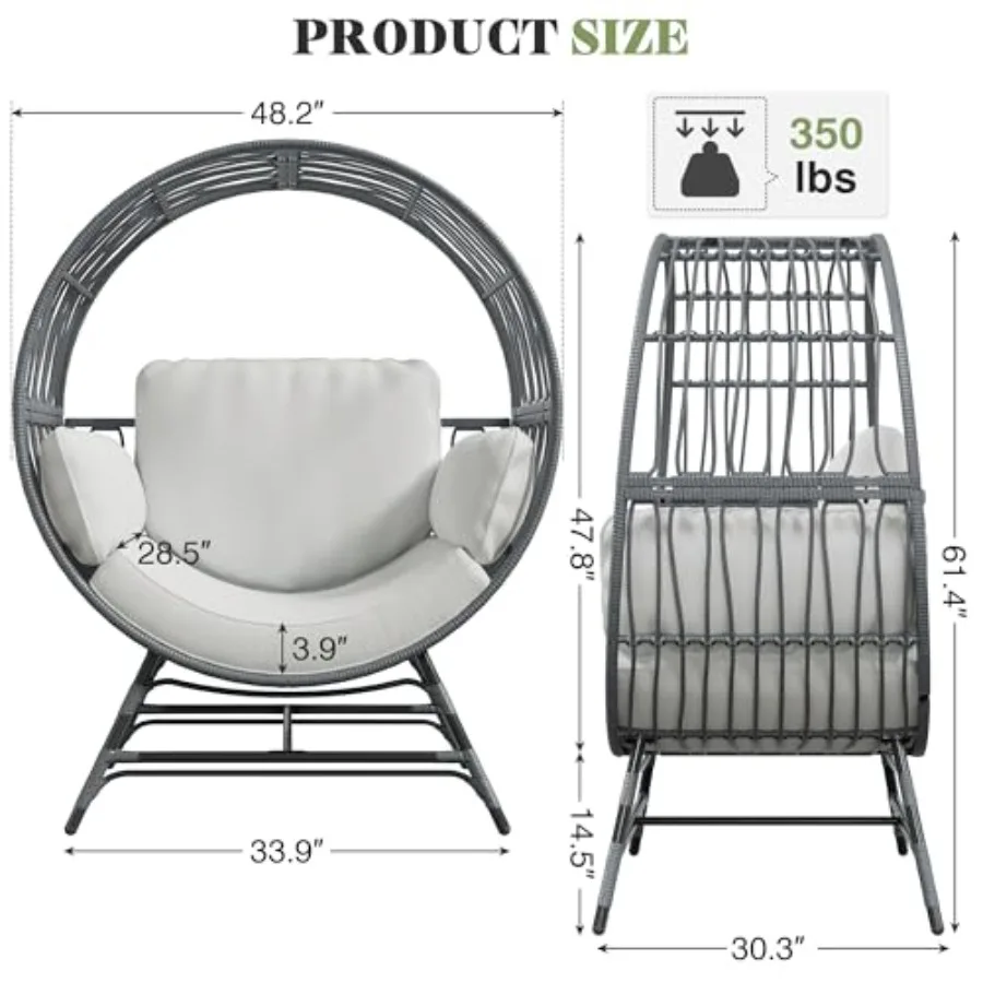 Indoor/Outdoor oversized egg chair for balcony, porch, living room, backyard; rattan wicker material, beige color, thickened cu