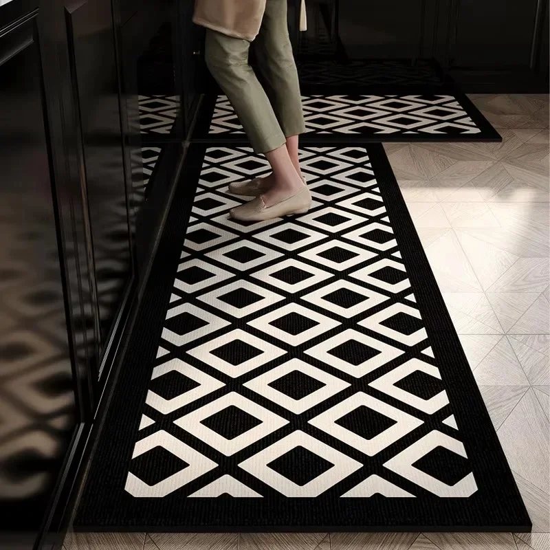 VIKAMA Bamboo Print Kitchen Runner Rug Black White Border Non Slip Long Floor Mat Washable Hallway Entrance Decor Carpet