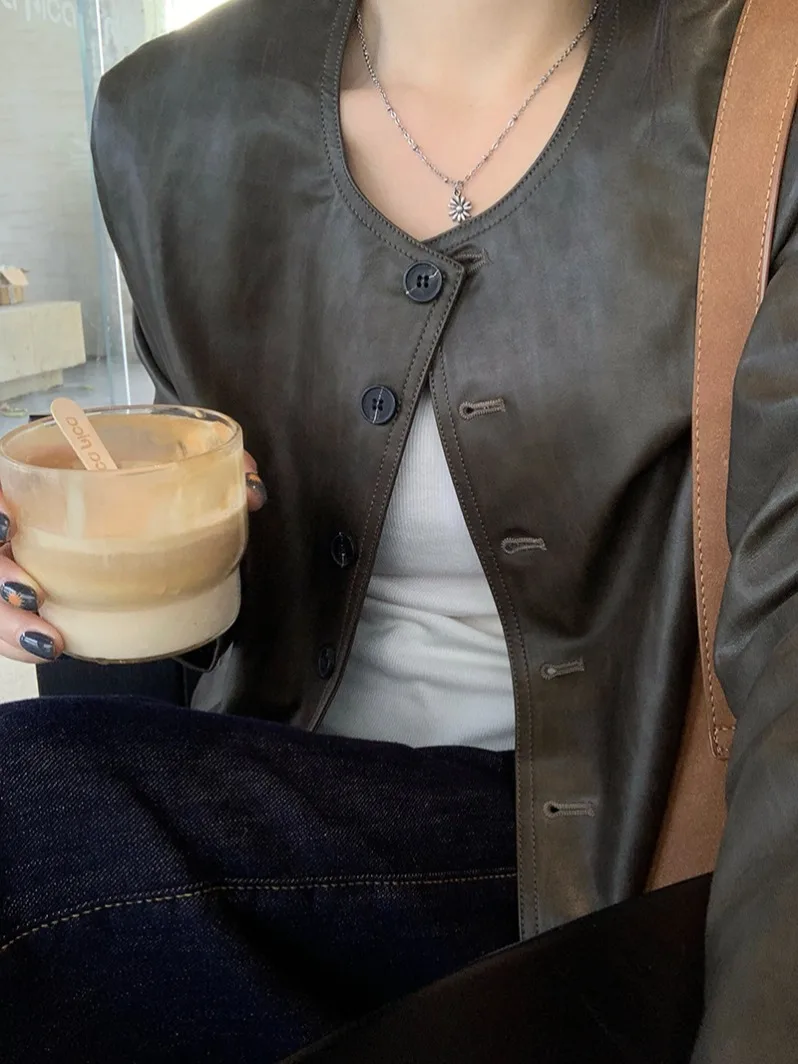 American Retro Single Button PU Leather Jaet Women Early Autumn New Sle Haome Loose Top Faionable Long Sve Coat