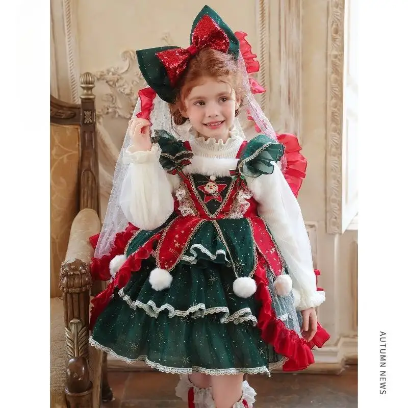 Girls Red Green Christmas Lolita Dress Kids Long Sleeve Ruffle Tiered Tulle Gown Princess Costume for Holiday Birthday Party