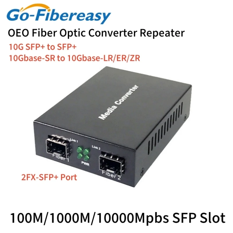 10Gb SFP+ OEO Fiber Optical Media Converter Repeater 10Gbase-SR to 10Gbase-LR/ER/ZR  2SFP Slot 300m~100km