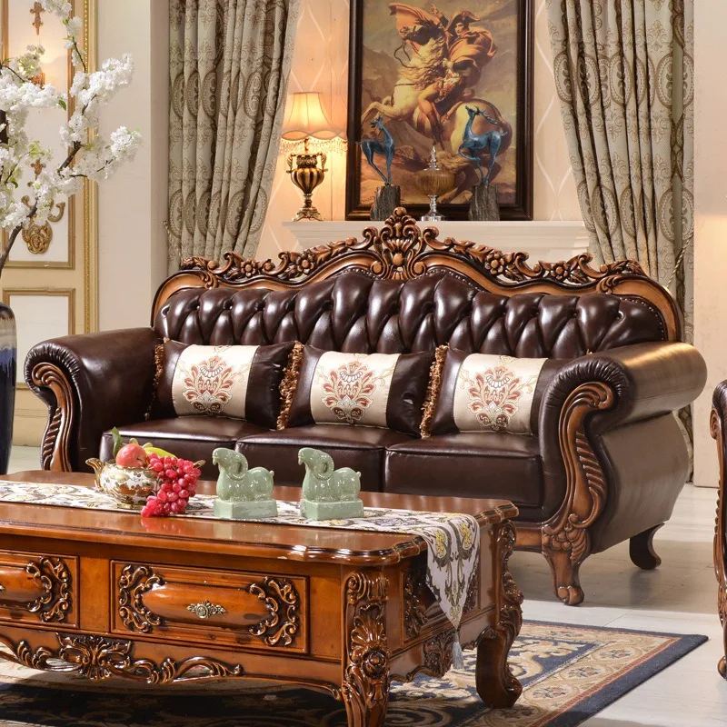European U-shape Leather Sofa Combination Mobile Removal Sponge Solid Wood Carved Top Layer Cowhide Full House Furniture Factory