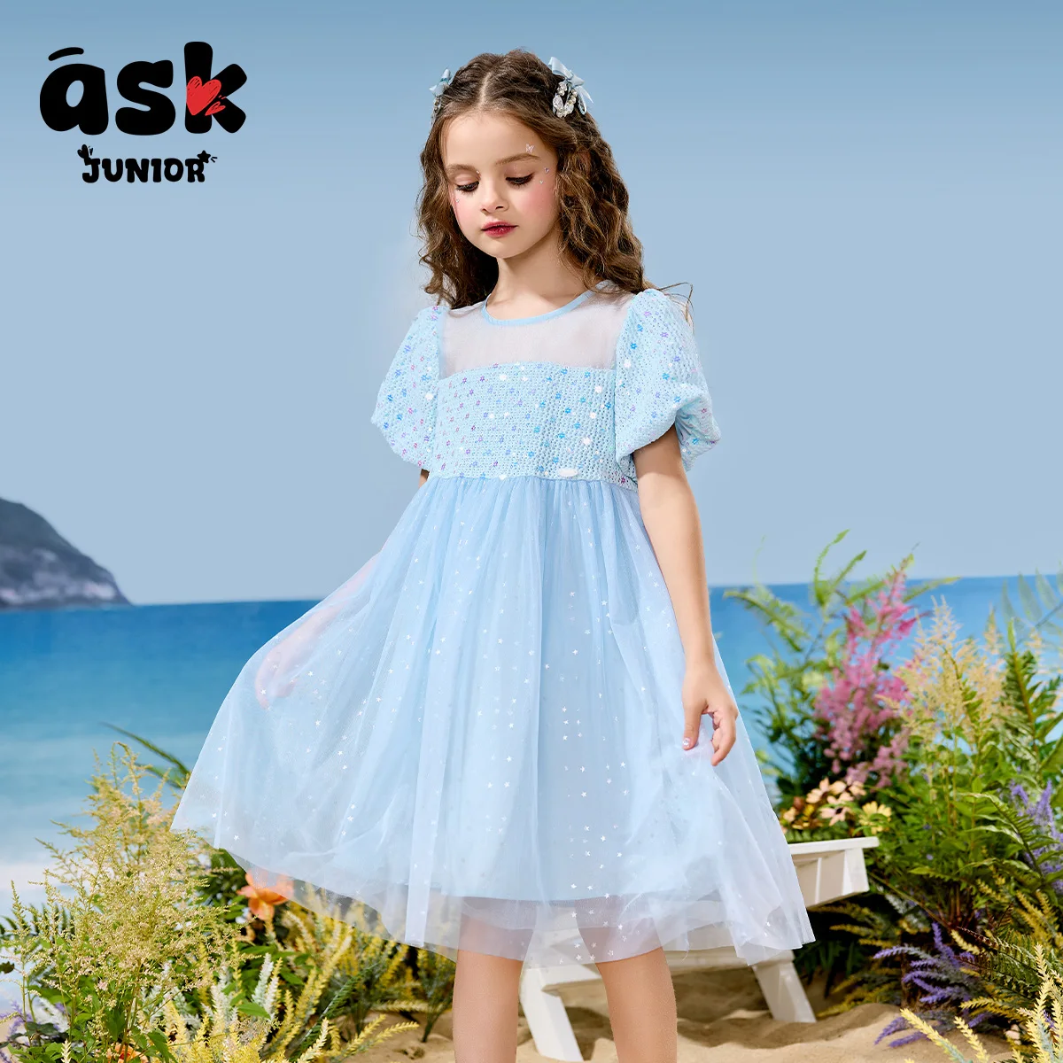 فستان الأميرة الصيفي للفتيات الصغيرات ذو الأكمام الشبكية المنفوشة بالترتر #5