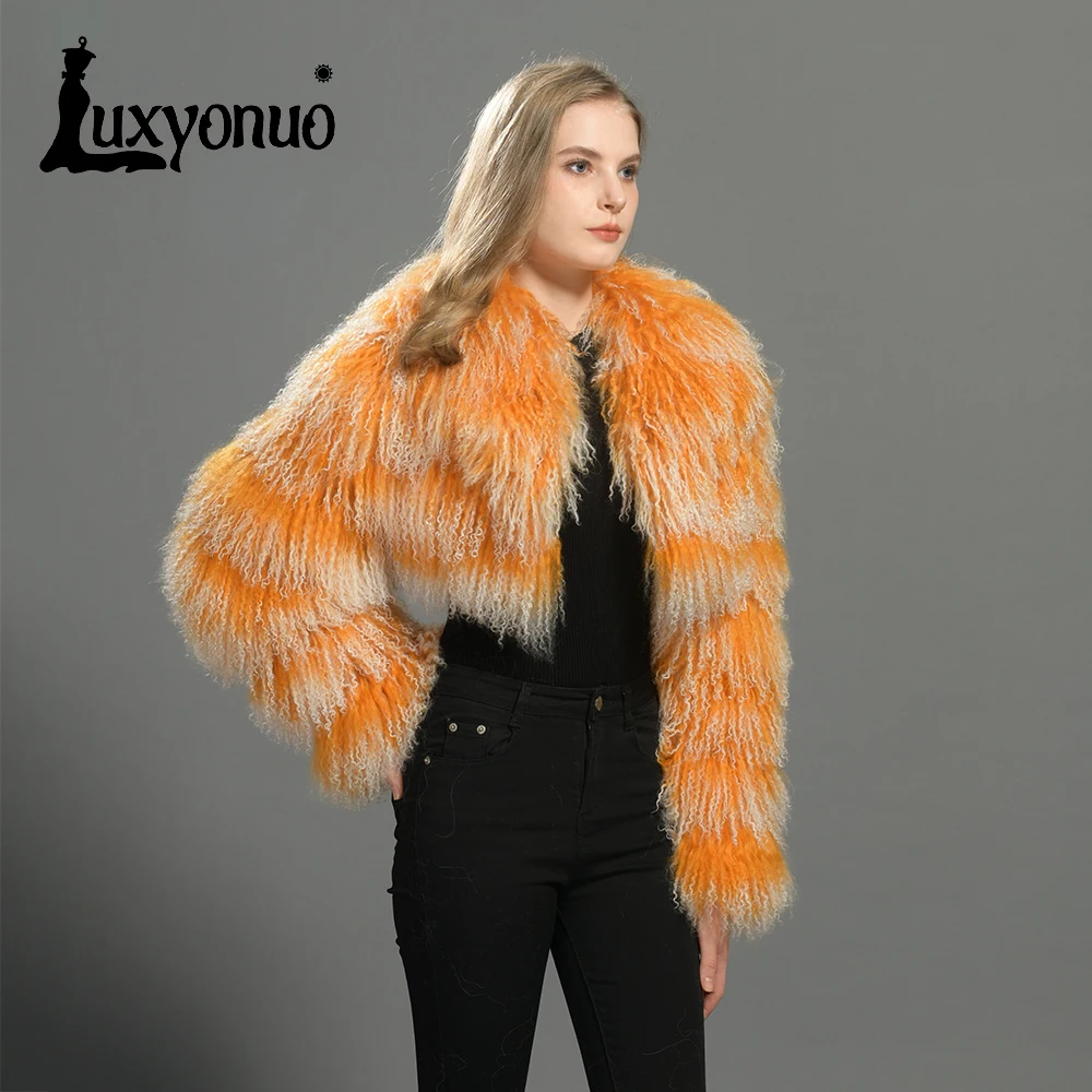 

Luxyonuo Women's Real Mongolian Sheep Fur Coat Fall Fashion Cropped Jacket Ladies Winter Turn-Down Collar Fur Coats New Arrival