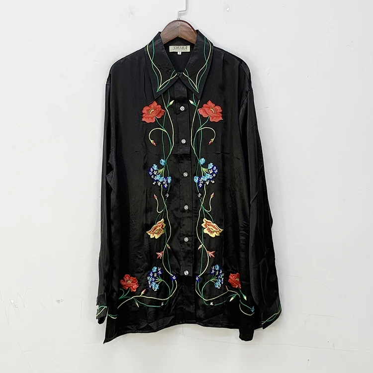 Export Embroider Silk Crepe Satin Long Sleeves Shirt 100% Mulberry Silk Outwear Cardigan Women Blouse