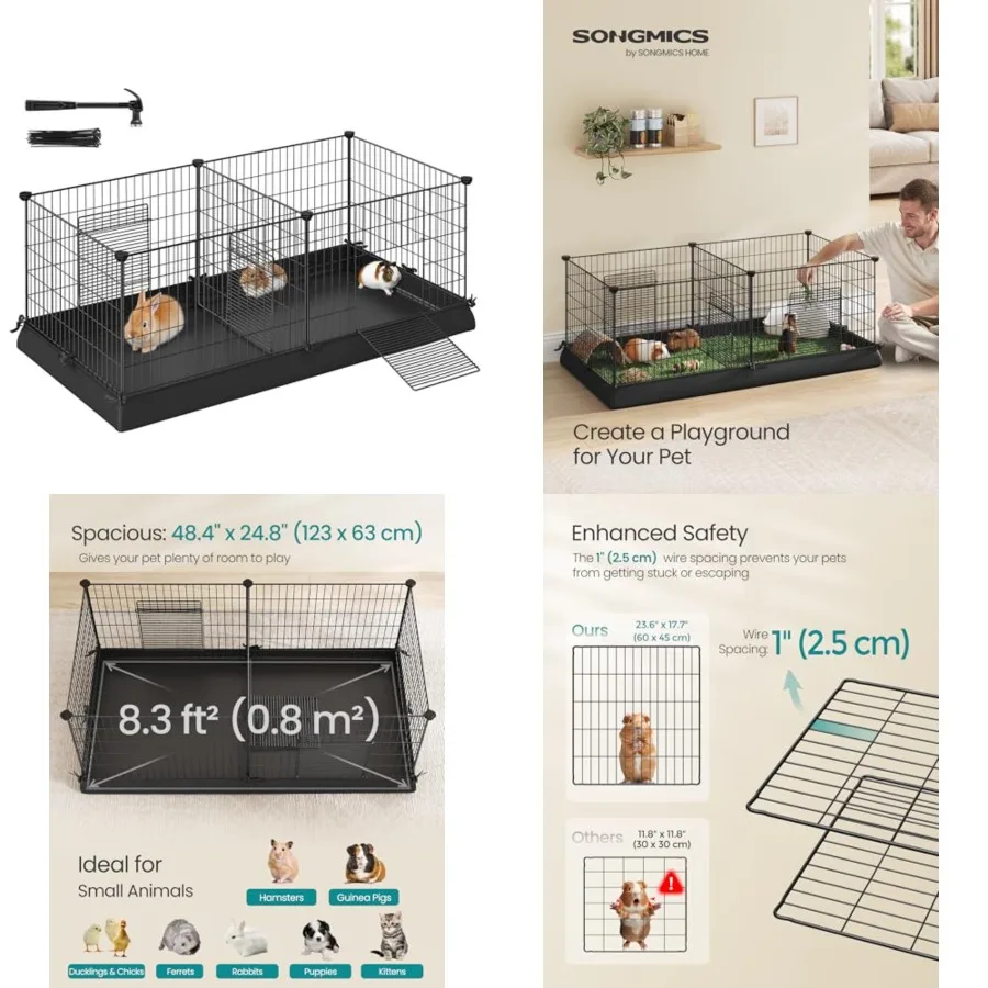

Guinea Pig Cages, Metal Grid Small Animal Playpen with Waterproof Washable Liner, 2 Separate Spaces for Rabbits, Ferrets, Bunni