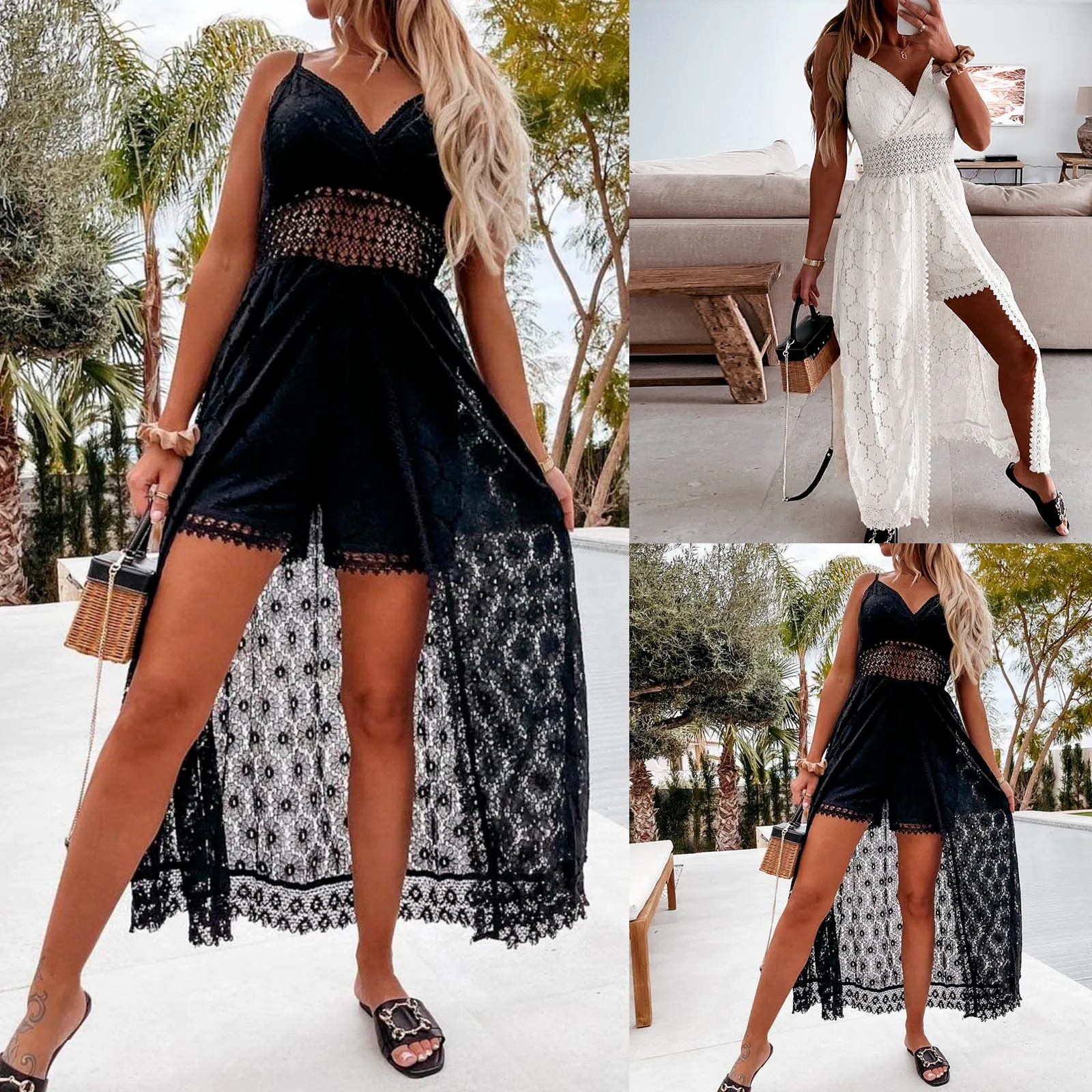 

Summer Popular Long Dress White Women Jumpsuit Sexy Shorts Playsuit Lace Hollow-Out Sleeveless for Vacation High Waist Rompers