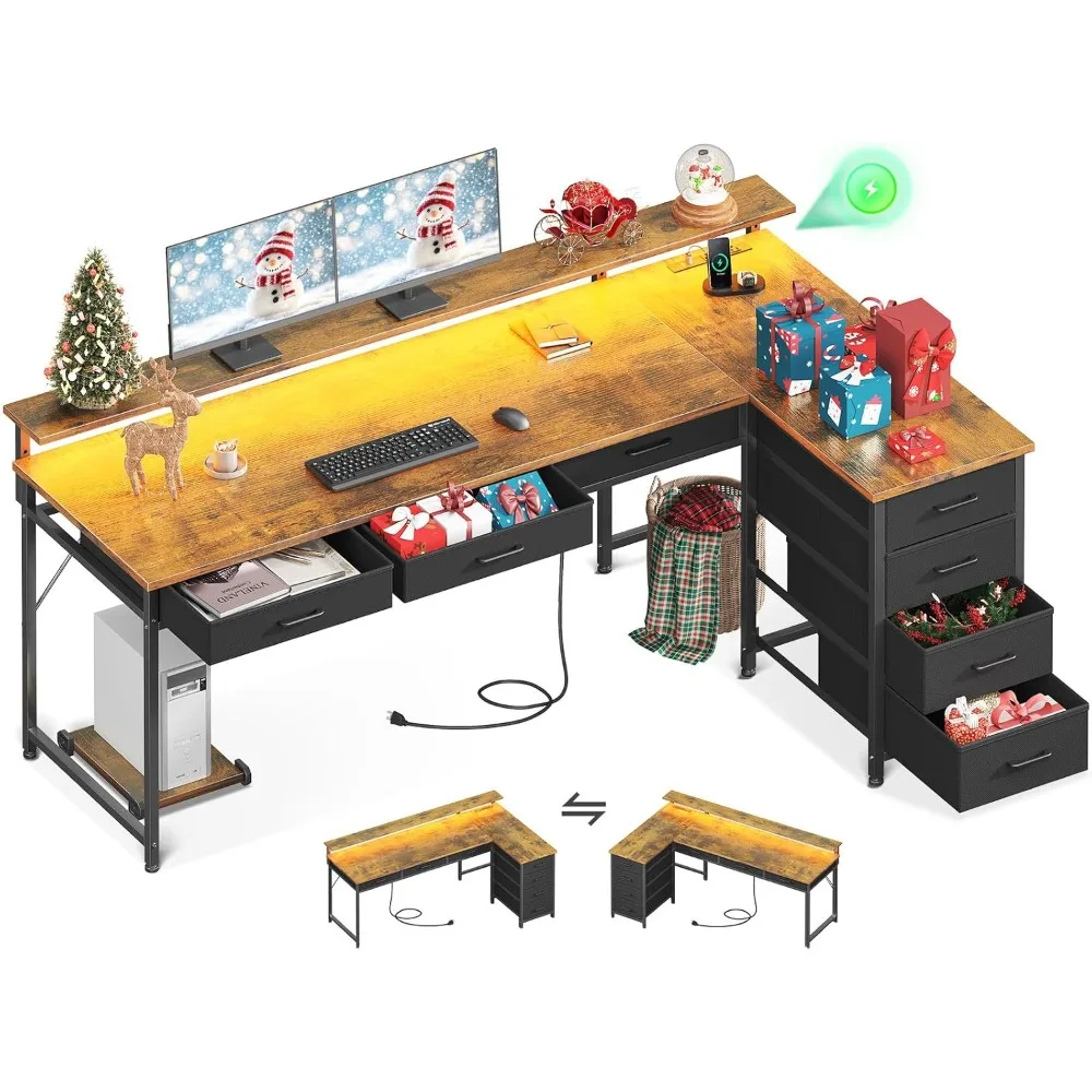 

Стол L-образной формы 61 дюйм с 7 ящиками для файлов, игровой стол со светодиодной подсветкой и розеткой, двусторонний стол для домашнего офиса с полкой монитора