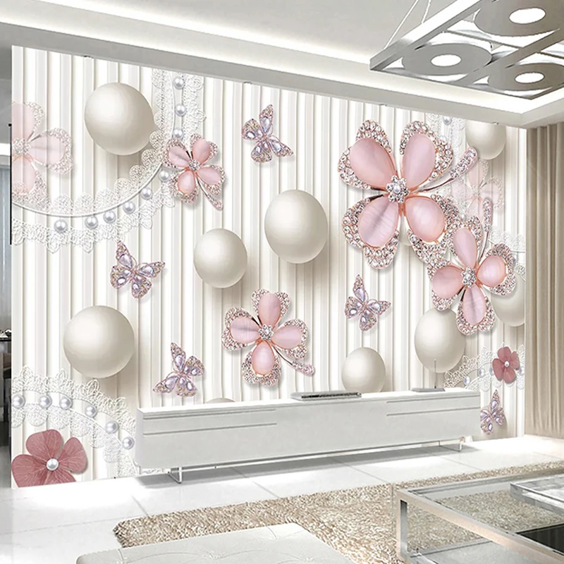 Custom Wall Mural Wallpaper Jewelry Pink Butterfly Flower Circle Ball 3D Living Room Sofa TV Background Wall Papers Home Decor