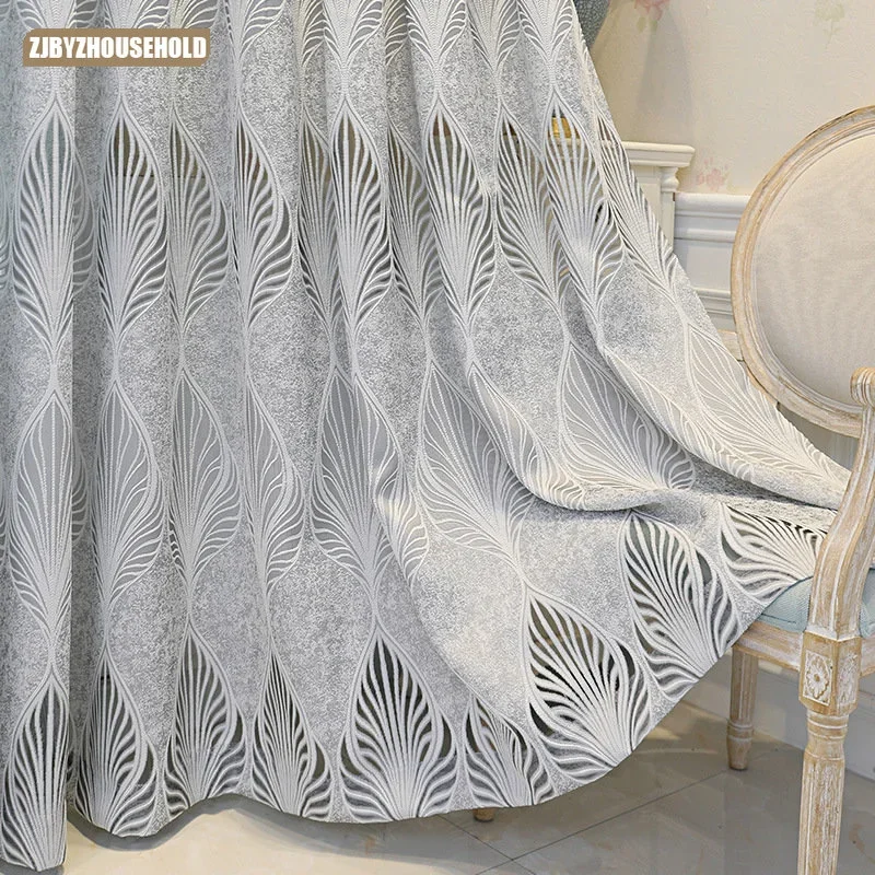 Amazon Curtains for Living Dining Room Bedroom Light-transmitting and Opaque Gray Simple Leaf Yarn Curtain