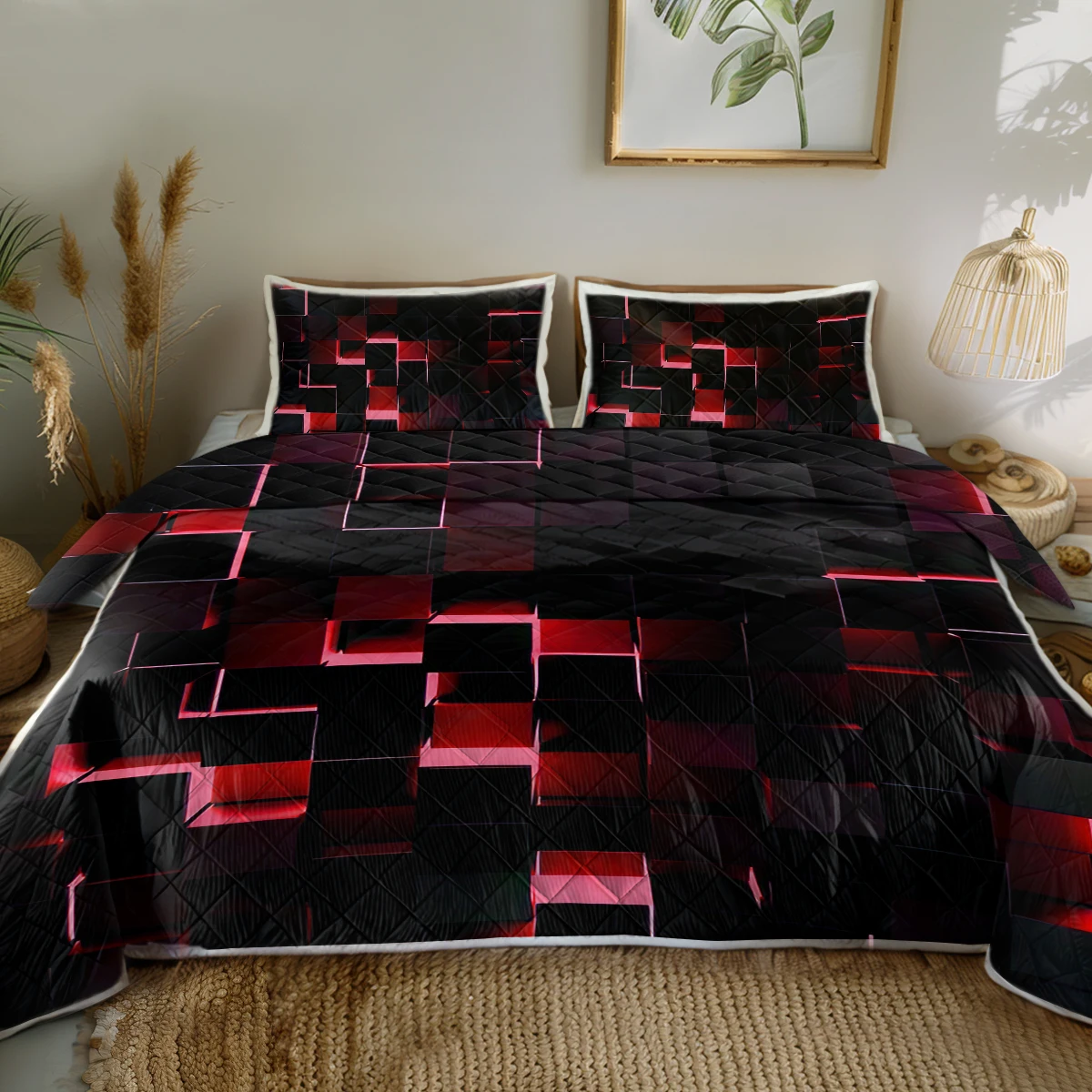 

3 Piece Red and Black Modern Geometric Square Pattern Bedding Set Quilt Soft Bed Set 1 Coverlet and 2 Pillowcases