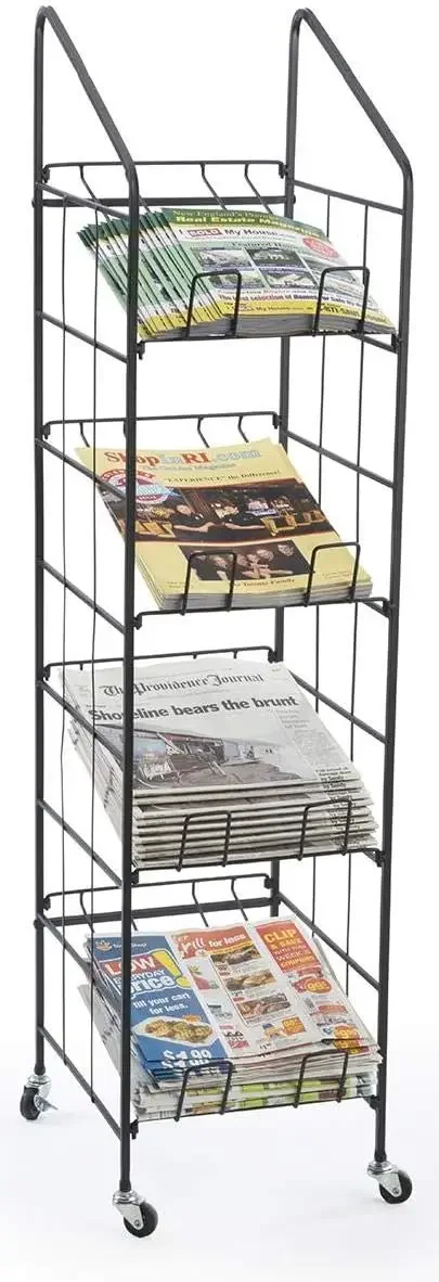 Displays2go Portable Newspaper and Magazine Rack | 4 Angled Shelves, Locking Caster Wheels, Black Steel, TR4T52BK