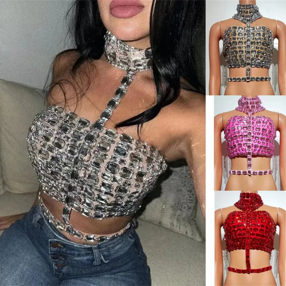 Women Tops Silver Pink Rhinestone Bandage Halter Crop Tops Sexy Bar Carnival Party Stage Wear Birthday Prom Singer Dance Costume