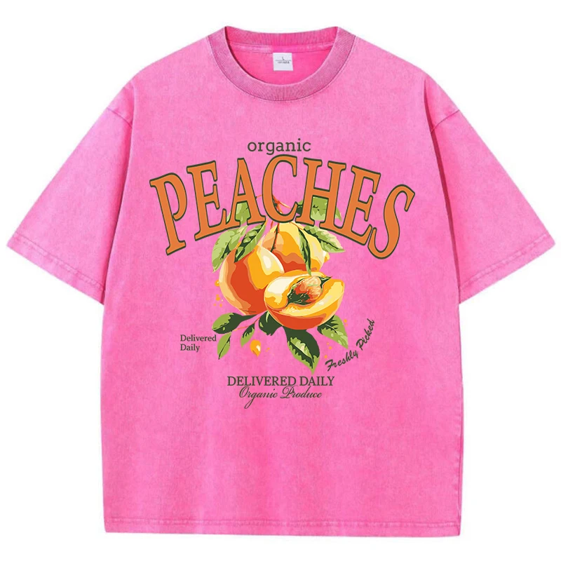 Casual Woman Acid Wash T-Shirts Fresh Peaches Delivered Daily Prints Tops Distressed Crewneck Oversize Cotton Tees Trend Clothes