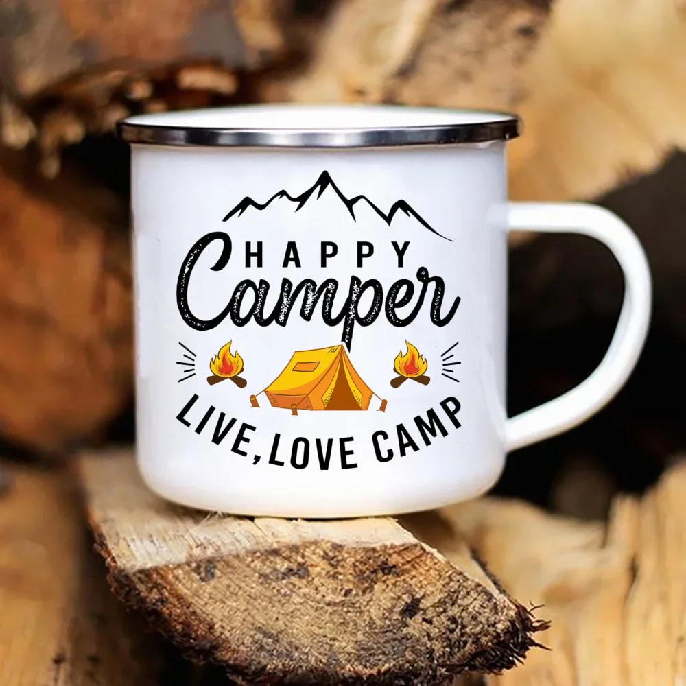 Caravan Printed Camper Mugs Camping Enamel Mug  Adventure  Campfire Party Beer Juice Cup Mountain Handle Cups Gifts for Camper