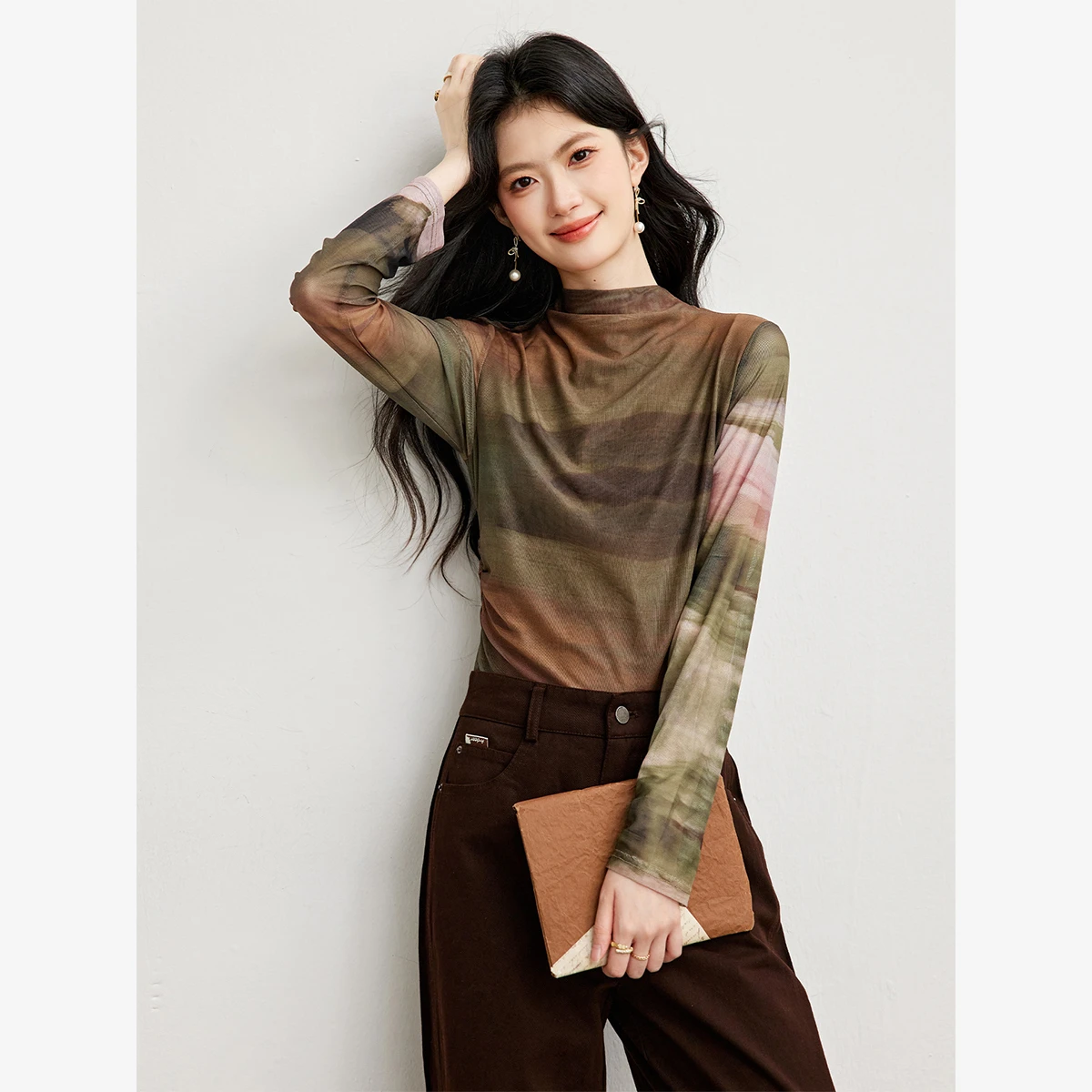 VIMLY Women's Vintage Gradient Wash Mock‑neck Knit Sweater 2026 Autumn New Contrast‑color Fashion Elegant Long Sleeve Top 31856