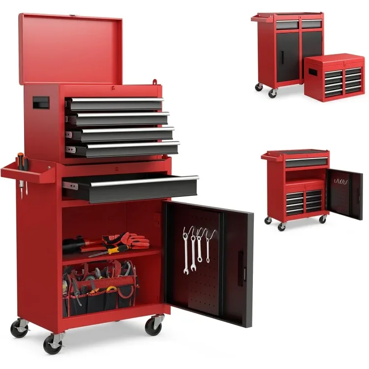 

Commercial Detachable Top & Adjustable Shelf Rolling Tool Chest, 5-Drawer Tool Box Organizer w/Lockable Wheels & Sliding Drawers