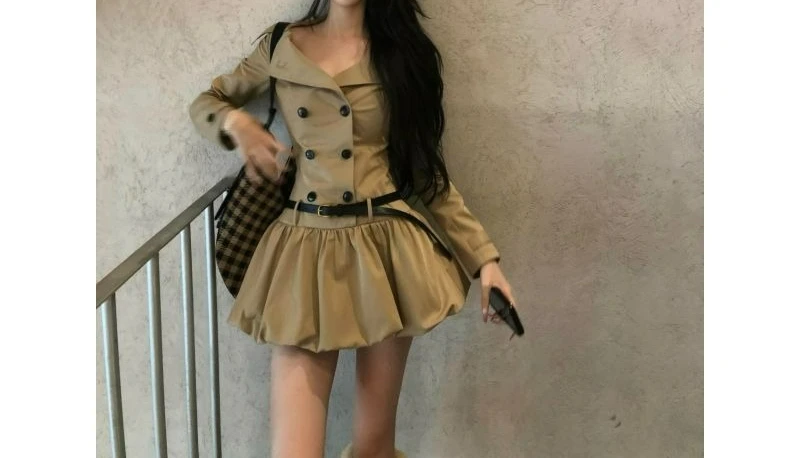 

Large Lapel Double-breasted Trench Coat Dress Autumn New Waist and Thin Skirt