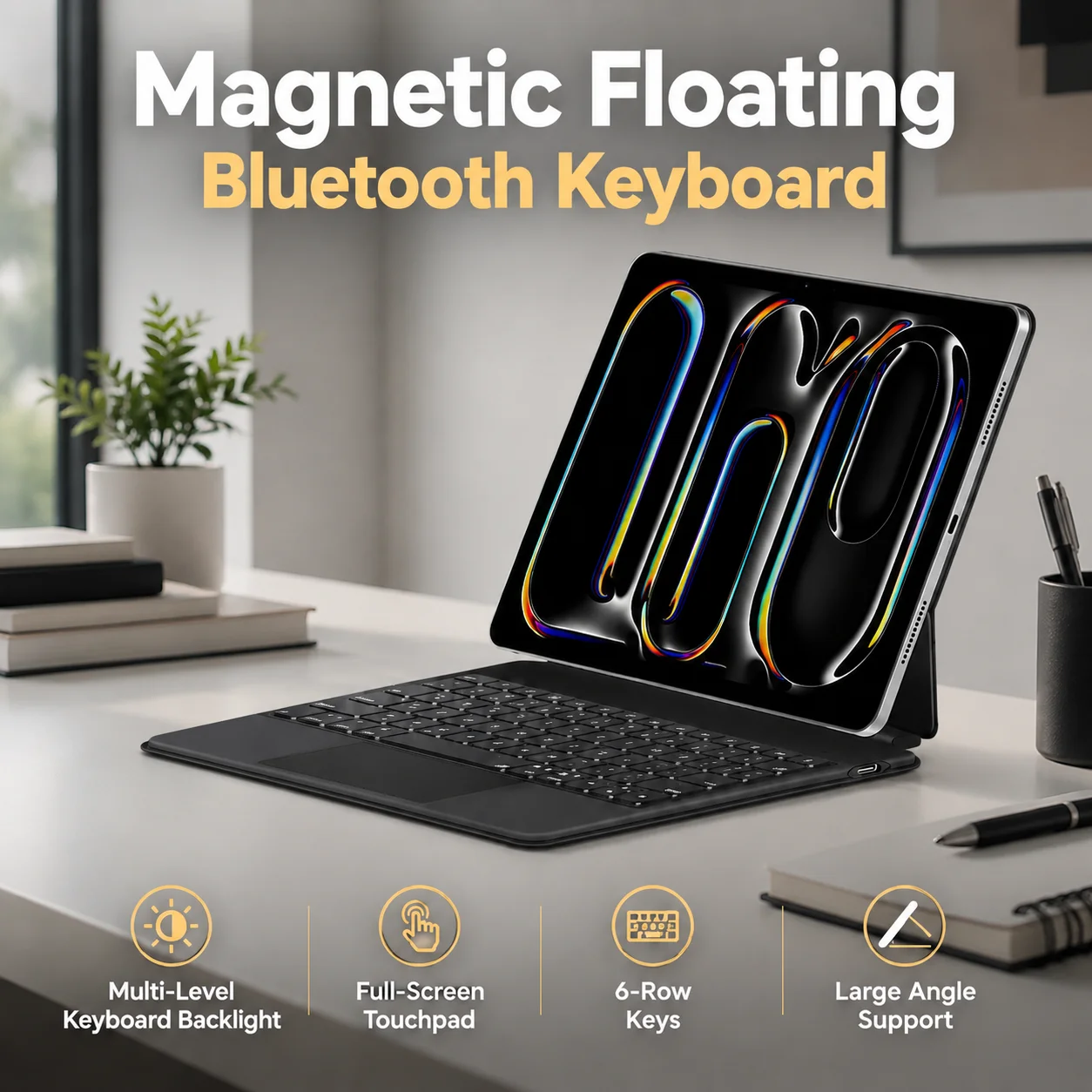 Magnetic Floating Bluetooth Keyboard Case iPad Pro 13 M4/M5 Air 11, Full-Area Trackpad, 6-Row Keys, Larger Angle