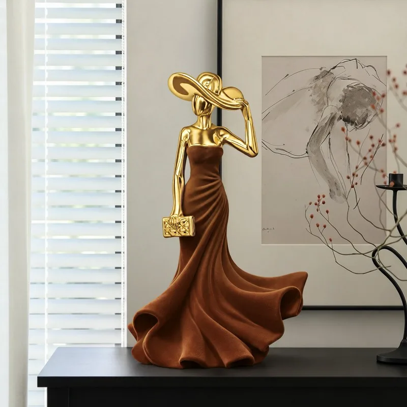 Luxury Flocked Lady Resin Statue, Electroplated Gold Abstract Woman Sculpture, Home Living Room Tabletop Decor Housewarming Gift