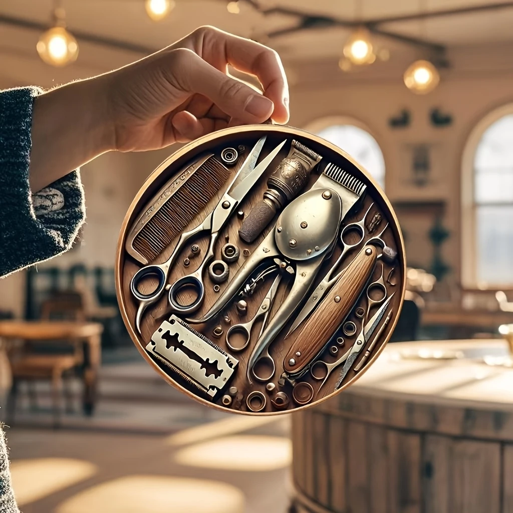 1 Piece 2D Wooden Hanging Sign Vintage Barber Tools Theme 8 Inch Round Sign Home Bar Garage Cafe and Garden Decorations