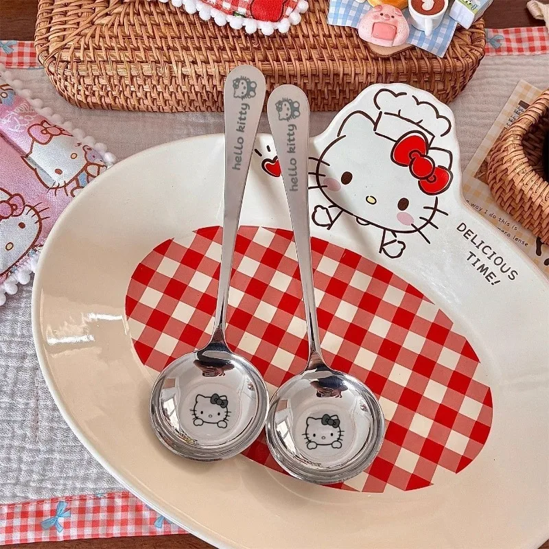 Kawaii Hello Kitty Stainless Steel Round Spoon Extra Thick Long Handle Food Grade Adult Eating Household Thickened Spoon Gift