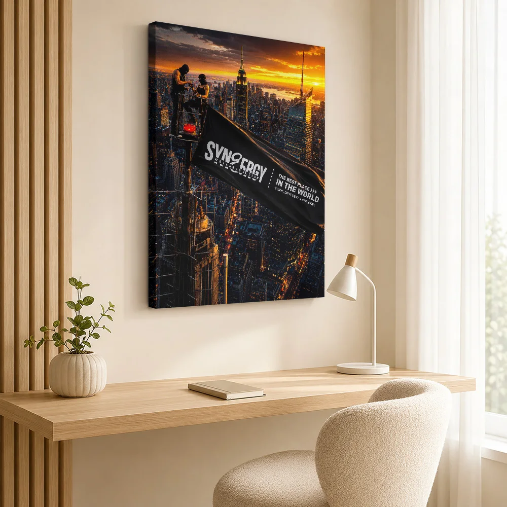 Synergy Wellness Club Skyscraper Banner Framed Canvas Poster Customized Photo Detailed Illustration Wall Art For Reading Nook