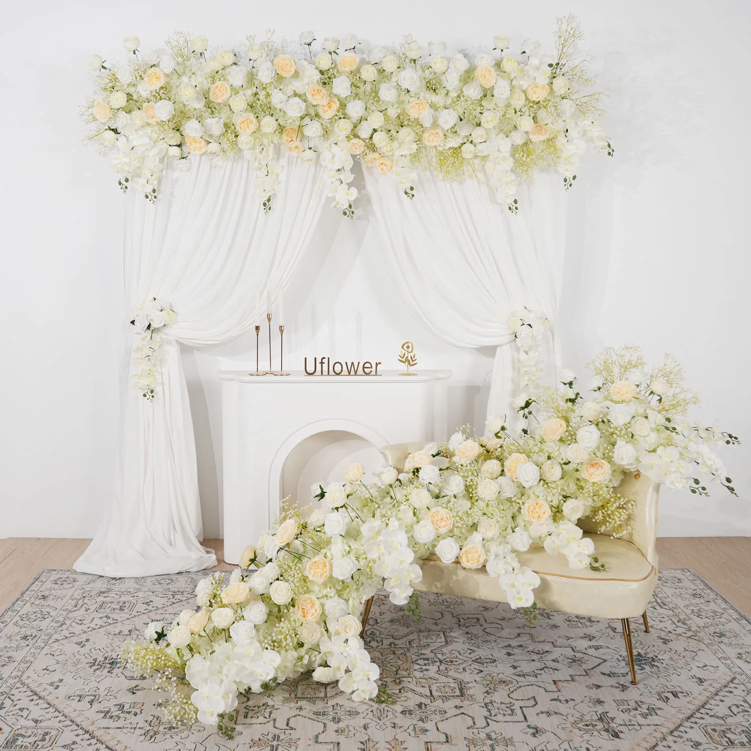 Uflower Yellow White 5D Rose Artificial Flower Hang Wisteria Floral Wedding Backdrop Banquet Event Party Prop Flowers Row Decor