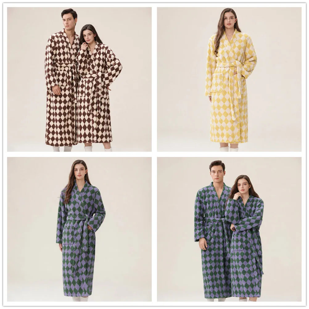 Couples Winter Warm Rhombus Print Flannel Kimono Robe Women And Men Sleepwear Bathrobe Gown Loungewear Nightwear