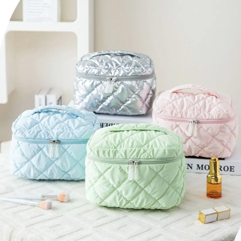 3pcs/set Nylon Cotton Quilted Makeup Bag Multi-function Solid Color Toiletry Cosmetic Pouch Zipper Lightweight