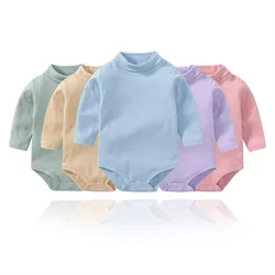 Newborn Baby Clothes 0 To 24 Months Boys Grils  High Collar Long Sleeve Cotton Pure Color One-Piece Fart Wrap Crawling BodySuit