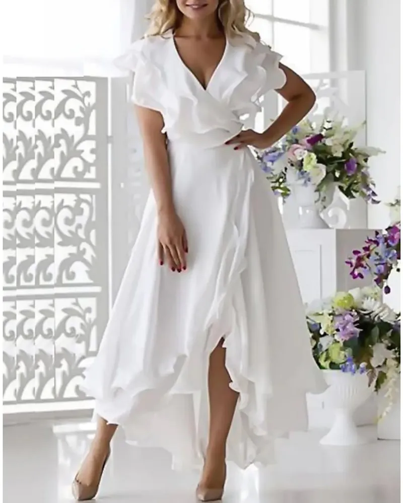 

A-Line White Mother of the Bride Dress Elegant V Neck Asymmetrical Chiffon Ruffles Split Guest Party Gown Robe De Soiree