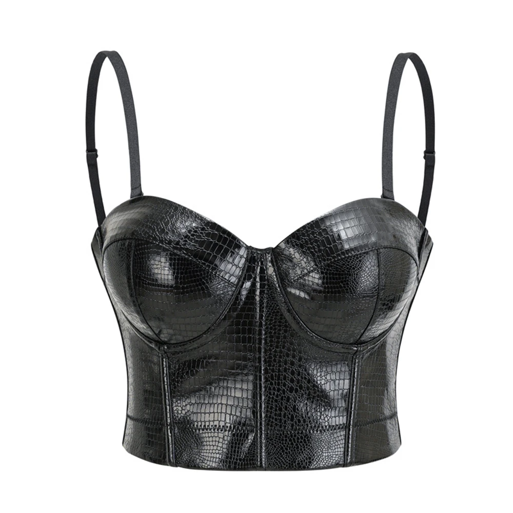 Black PU Leather Crop Top Corset Punk Sling Push Up Bralet Sexy Women Bustier Gothic Bra Lingerie Club Party Cropped Top Vest