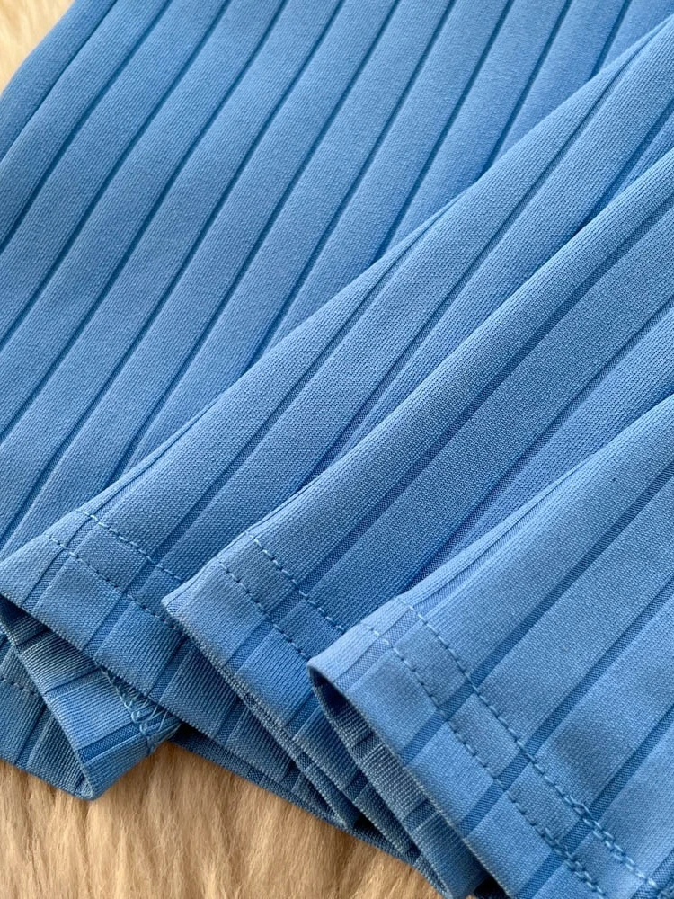 Foamlina Blue Knit Bodycon Dress Women Fashion O Neck Short Sleeve Sash Tie-up Back Slim Fit Long Dress for Casual Daily Wear