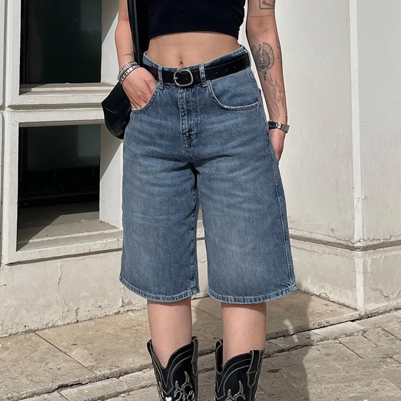 

Street Sle Basic Waed Loose Casual Jeans Mid-Length Straight Leg Slimming Cotton Stretch Denim orts Low Waist Deep Color