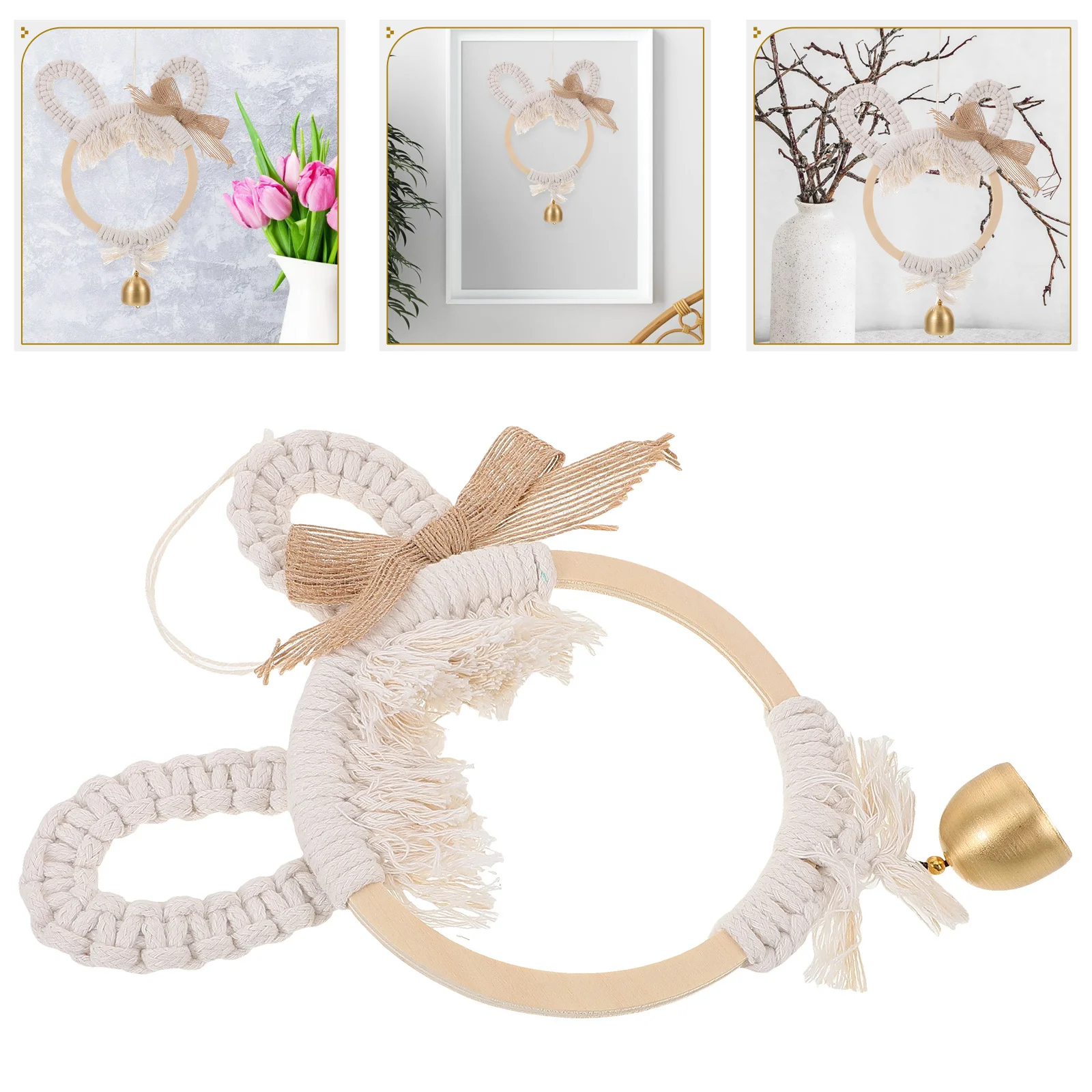 

Handwoven Bell Pendant Macrame Bunny Wreath Rustic Wall Hanging Decoration for Home Garden Patio Boho Style Wind Chimes Wall Art